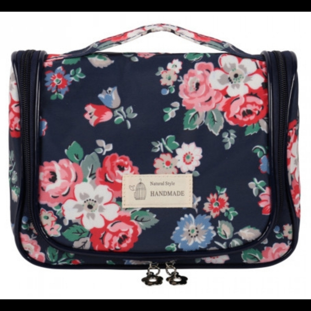LAST Navy floral hanging makeup/toiletry 3 pocket roll-up cosmetic organizer